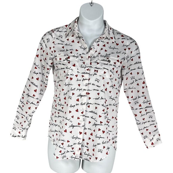 Karl Lagerfeld Paris XS White Blouse Red Heart Script Button Up Roll Tab Sleeve - Picture 1 of 16